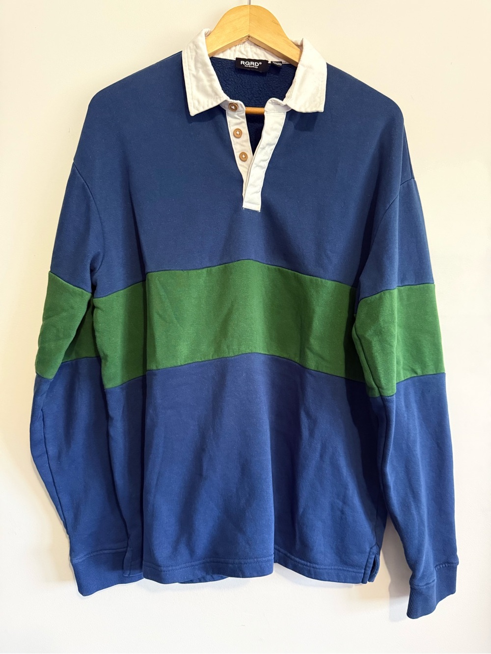 RQRD Blue & Green Rugby-Style Long-Sleeve Fleece Lined Shirt with White Collar